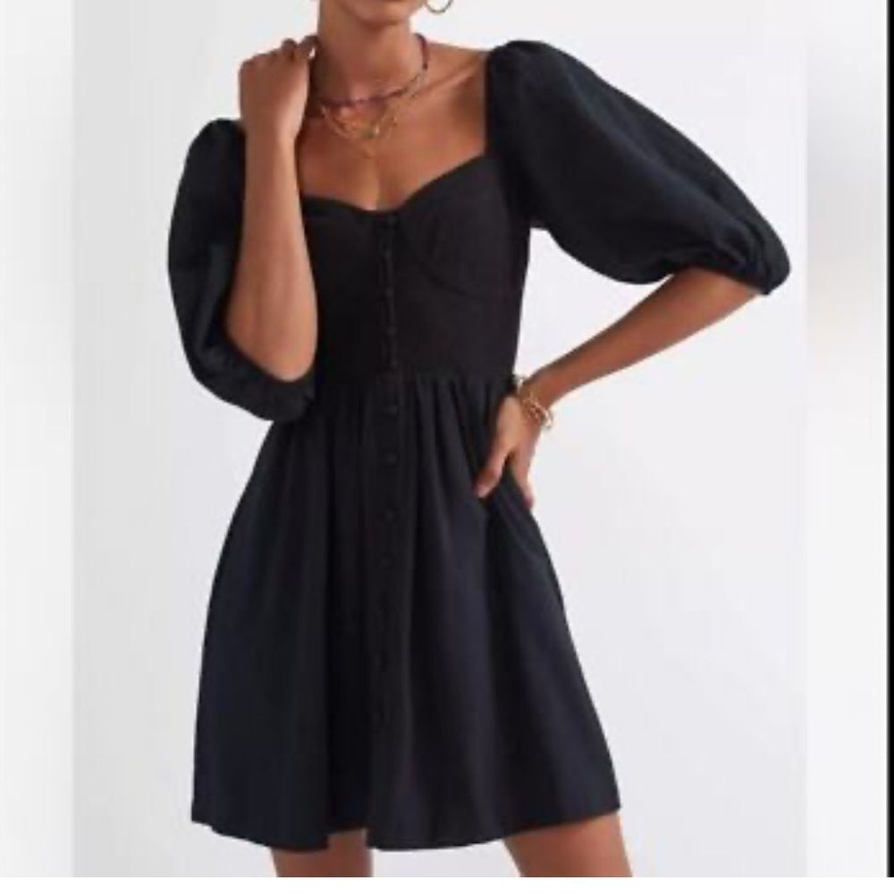 Anthropologie Maeve Puff Sleeve Smocked Black Mini Dress Size XS NWT